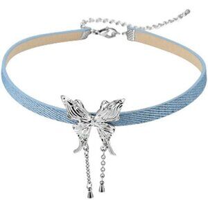 Soft Elastic Blue Denim Choker Necklace with Butterfly - Lightweight Style